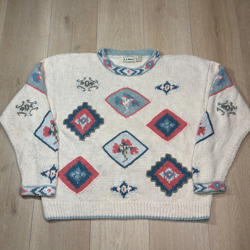 Vintage LL Bean Southwestern Floral Diamond Stamp Intarsia Knit Sweater XL Cream